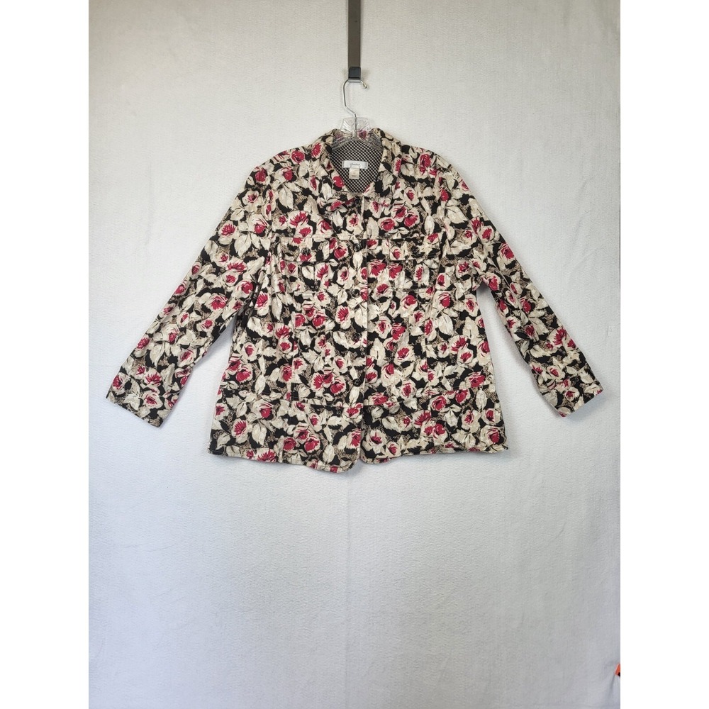 CJ BANKS BEIGE BLACK AND RED COLORED FLORAL BUTTON FRONT JACKET COAT PLUS 1X